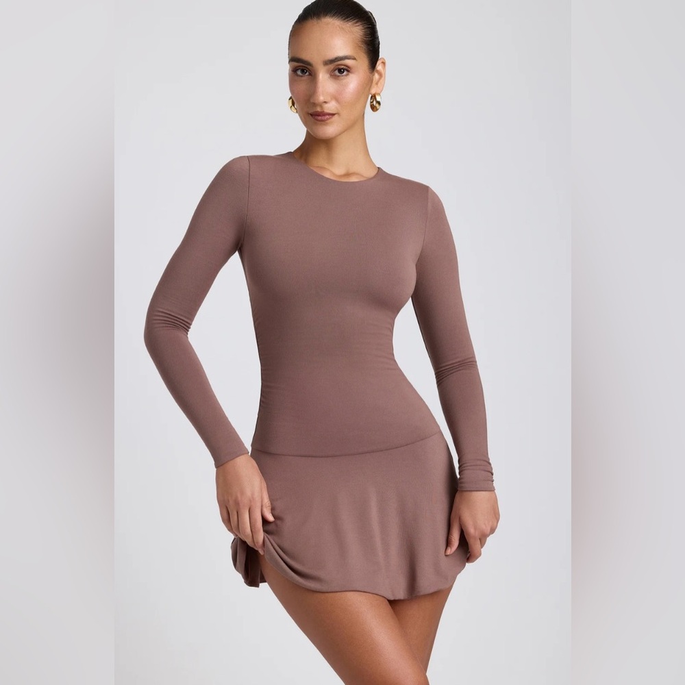 Ruched Crew Neck Mini Dress in Taupe
